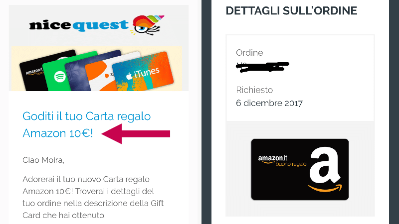 Nicequest paga? Ecco il buono regalo ricevuto!