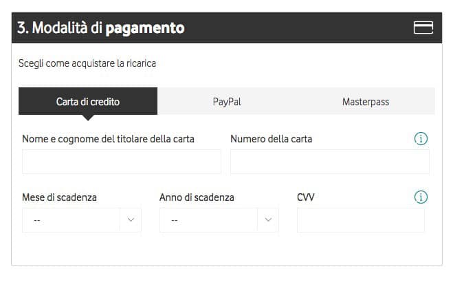 metodi di pagamento ricarica vodafone online