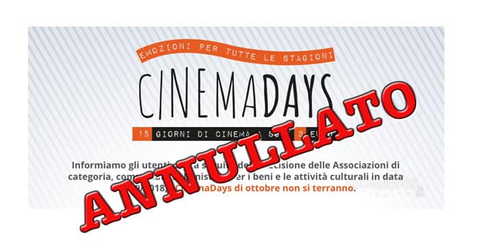 CinemaDays: annullate le date di ottobre