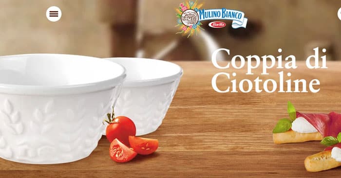 Come avere la coppia di ciotoline Mulino Bianco (promo attiva) Recati nei punti vendita aderenti alla promozione durante le date indicate e acquista 3 confezioni di prodotti Mulino Bianco tra quelli coinvolti: subito in regalo per te la Coppia di Ciotoline. Clicca qui per trovare i punti vendita aderenti
