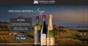Se ami il buon vino, non perdere questa offerta: insieme ad una scorta di vini ricevi in regalo un Hotel cheque DayDreams per due persone in tutta Europa ed un buono da 50,00€ per il prossimo acquisto! Offerta Cantine della Corte Valdobbiadene Cantine della Corte nasce in una delle zone più prestigiose e ricche di storia enologica d’Italia: le colline tra Conegliano e Valdobbiadene. Grazie alla nuova offerta hai la possibilità di ricevere, direttamente a casa tua, una speciale confezione assaggio che comprende: una selezione di 12 vini tra cui il prestigioso Prosecco Superiore Valdobbiadene Docg un Hotel cheque DayDreams per due persone in tutta Europa un buono sconto di 50€ sul prossimo acquisto!  Il tutto, a soli 79,90€! Per scoprire tutti i dettagli della promozione, segui questo link e compila il form con i pochi dati richiesti. Approfittane subito perché l'iniziativa non durerà ancora a lungo dato l'enorme successo che sta riscontrando fra i consumatori!