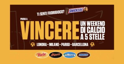 concorso Snickers Football 2026 vinci viaggio VIP calcio Londra Parigi Barcellona Milano