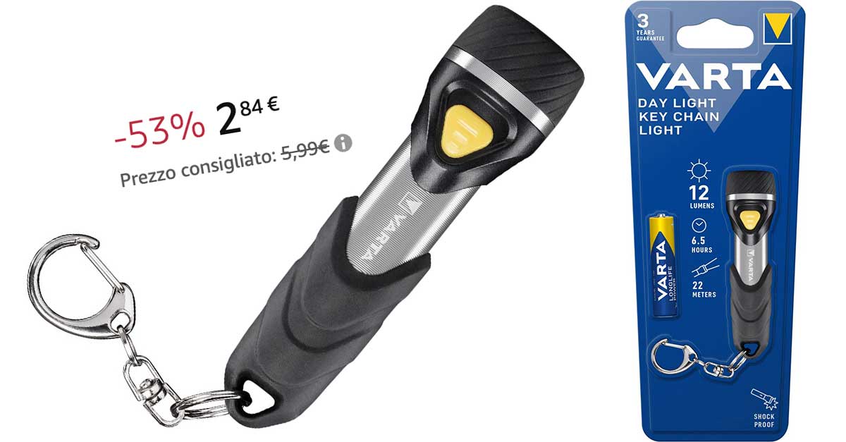 Questo portachiavi con torcia Varta è scontato del 53% (solo 2,84€) e le batterie sono incluse! 1 Portachiavi lampada Varta offertissima Amazon