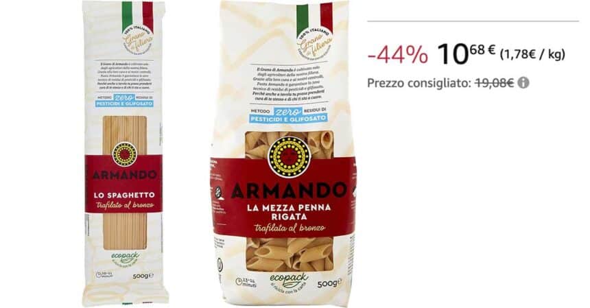 Pasta Armando scontata del 44% (0,89€ a pacco), grano 100% italiano -  DimmiCosaCerchi