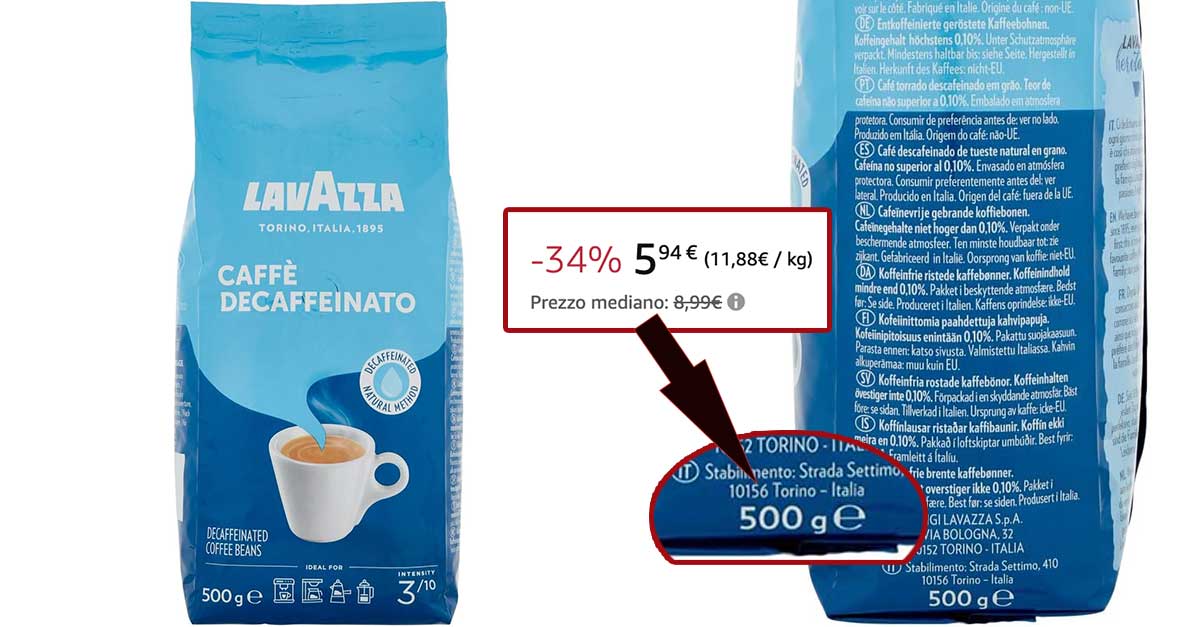 Lavazza caffè decaffeinato in grani 34 su Amazon, solo 5,94