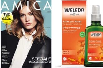 Rivista Amica con olio per massaggi Weleda Arnica