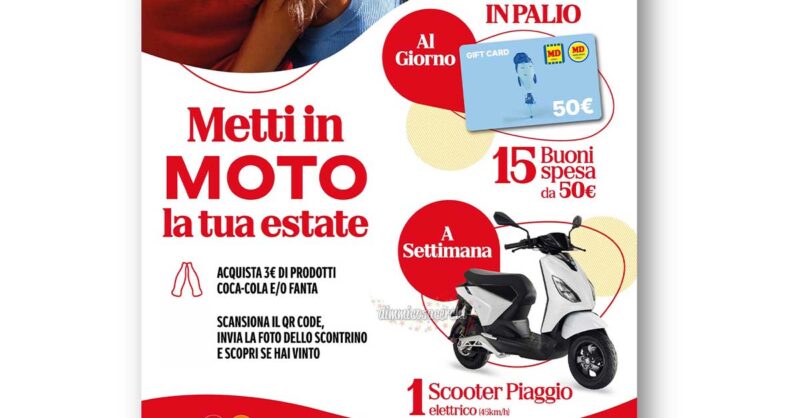 Concorso Coca-Cola e MD 2026 con scooter Piaggio elettrico e buoni spesa da 50 euro in palio