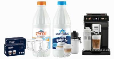 Set bicchieri da cappuccino e macchina da caffè De Longhi in palio nel concorso Parmalat Latte Barista