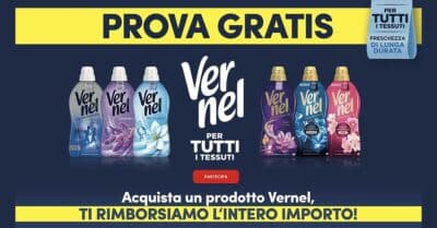 cashback Vernel 2026 rimborso 100% prodotti ammorbidente cura bucato