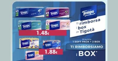 Fazzoletti Tempo soft pack e box per il cashback da Tigotà