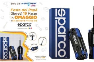 Set cacciaviti torcia LED Sparco omaggio Acqua & Sapone festa pap