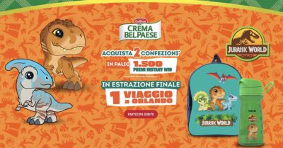 concorso Crema Bel Paese Piccoli esploratori Jurassic World 2026 zaino borraccia viaggio Orlando