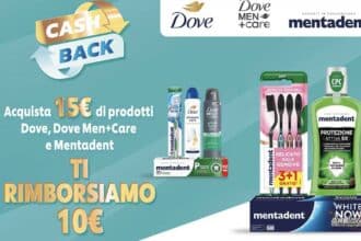 cashback Dove Mentadent MD rimborso 10 euro acquisto 15 euro ottobre 2026