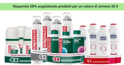 sconto 50% Amazon Roberts Borotalco bagnoschiuma deodorante cura persona luglio 2026