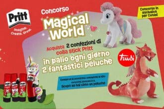 concorso Pritt colla stick Conad Magical World 2026 peluche Trudi draghetto unicorno