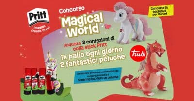 concorso Pritt colla stick Conad Magical World 2026 peluche Trudi draghetto unicorno