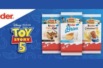 etichette Toy Story 5 omaggio Kinder Brioss Colazione Più agosto settembre 2026