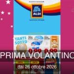 Copertina volantino Aldi con mele Fuji, tartare di bovino Il Podere e olio EVO Costa d’Oro in primo piano