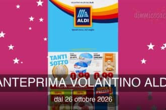 Copertina volantino Aldi con mele Fuji, tartare di bovino Il Podere e olio EVO Costa d’Oro in primo piano