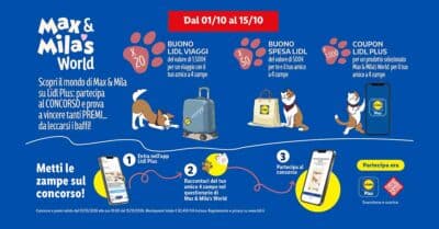 Concorso Lidl Max & Mila's World su Lidl Plus, vinci buoni viaggio, buoni spesa e coupon Gourmet per cani e gatti