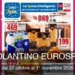 Copertina volantino Eurospin con Pasta di Gragnano IGP, latte UHT, mele Golden Delicious e cachi Persimon in primo piano