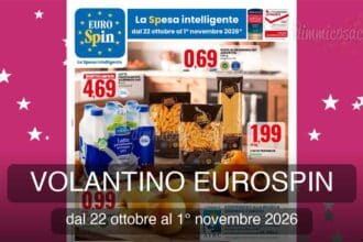 Copertina volantino Eurospin con Pasta di Gragnano IGP, latte UHT, mele Golden Delicious e cachi Persimon in primo piano