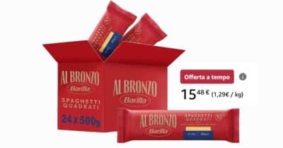 Barilla Al Bronzo Spaghetti Quadrati 24 confezioni offerta Prime Day Amazon sconto 50%